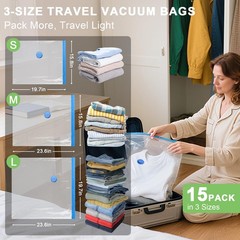 15 Pack Vacuum Seal Bags for Clothing Travel with -60000Pa USB Pump, 15 Combo