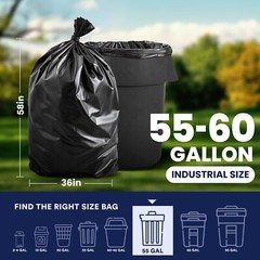 Plasticplace 55-60 Gallon Trash Bags – Black, Case of 50 Garbage Bags