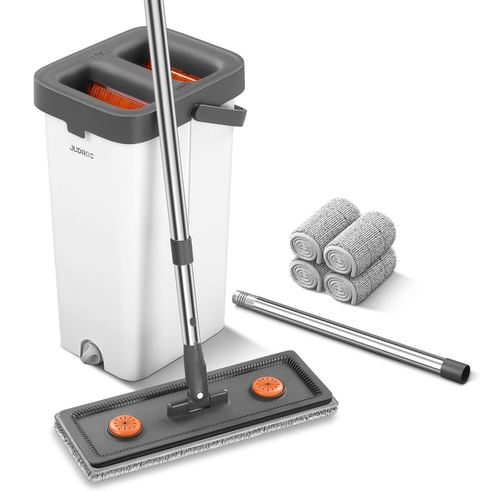 JUDRDO Mop and Bucket 61″ microfiber mop bucket set-4pads, White&gray