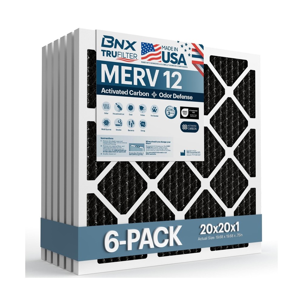 BNX TruFilter 20x20x1 MERV 12 Odor Defense (6-Pack) AC Furnace Air Filter wit…