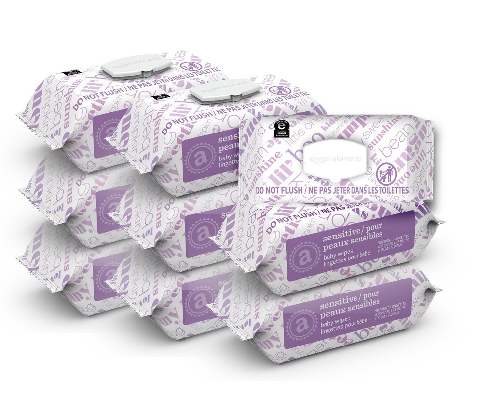 Amazon Elements Baby Wipes, Sensitive, Unscented, 90 Count (Pack of 9), White