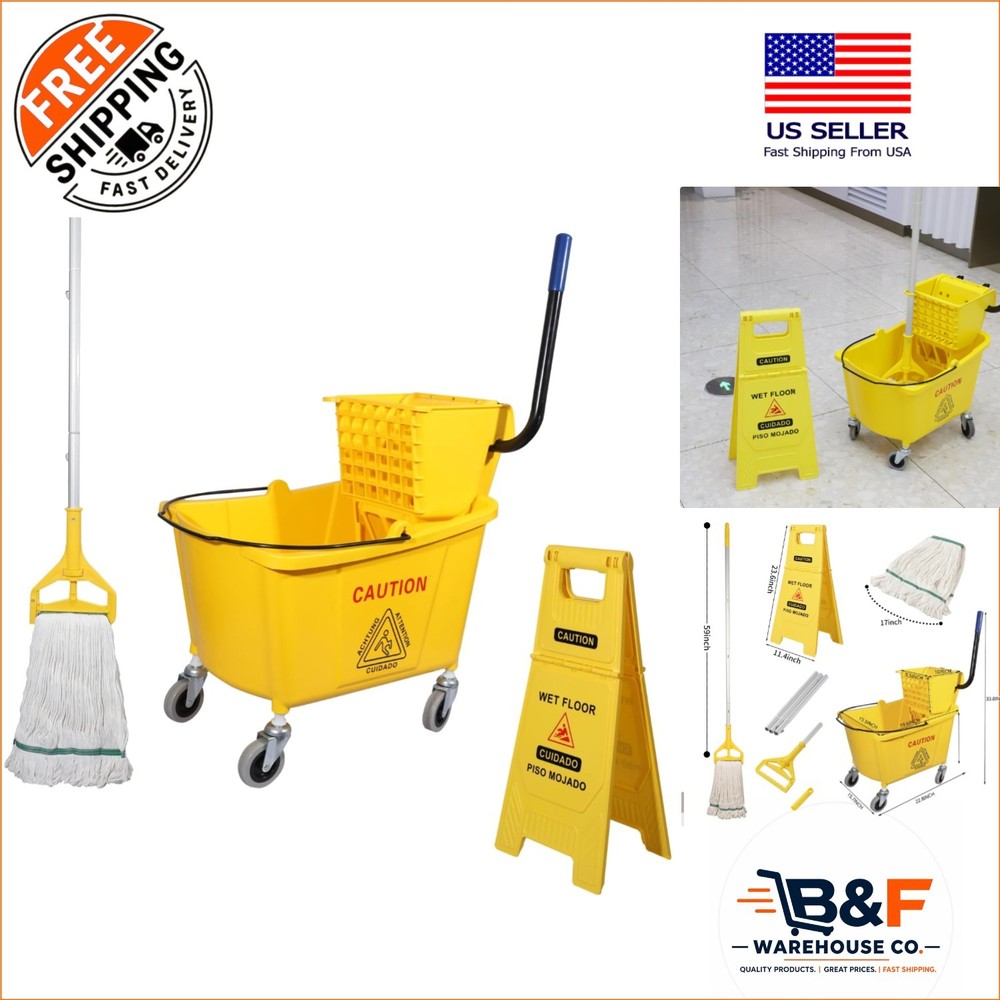 Compact 35 Quart Commercial Mop Bucket with Wringer and Wet Floor Sign – Yellow