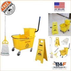 Compact 35 Quart Commercial Mop Bucket with Wringer and Wet Floor Sign – Yellow