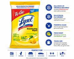Lysol To Go Disinfecting Wipes Lemon Lime Scent, 15 Ct. Pack of 3