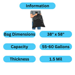 100 Black Can Liners, 55-60 Gallon, 38″ x 58″, Trash Yard Garbage Bags, 1.5 Mil