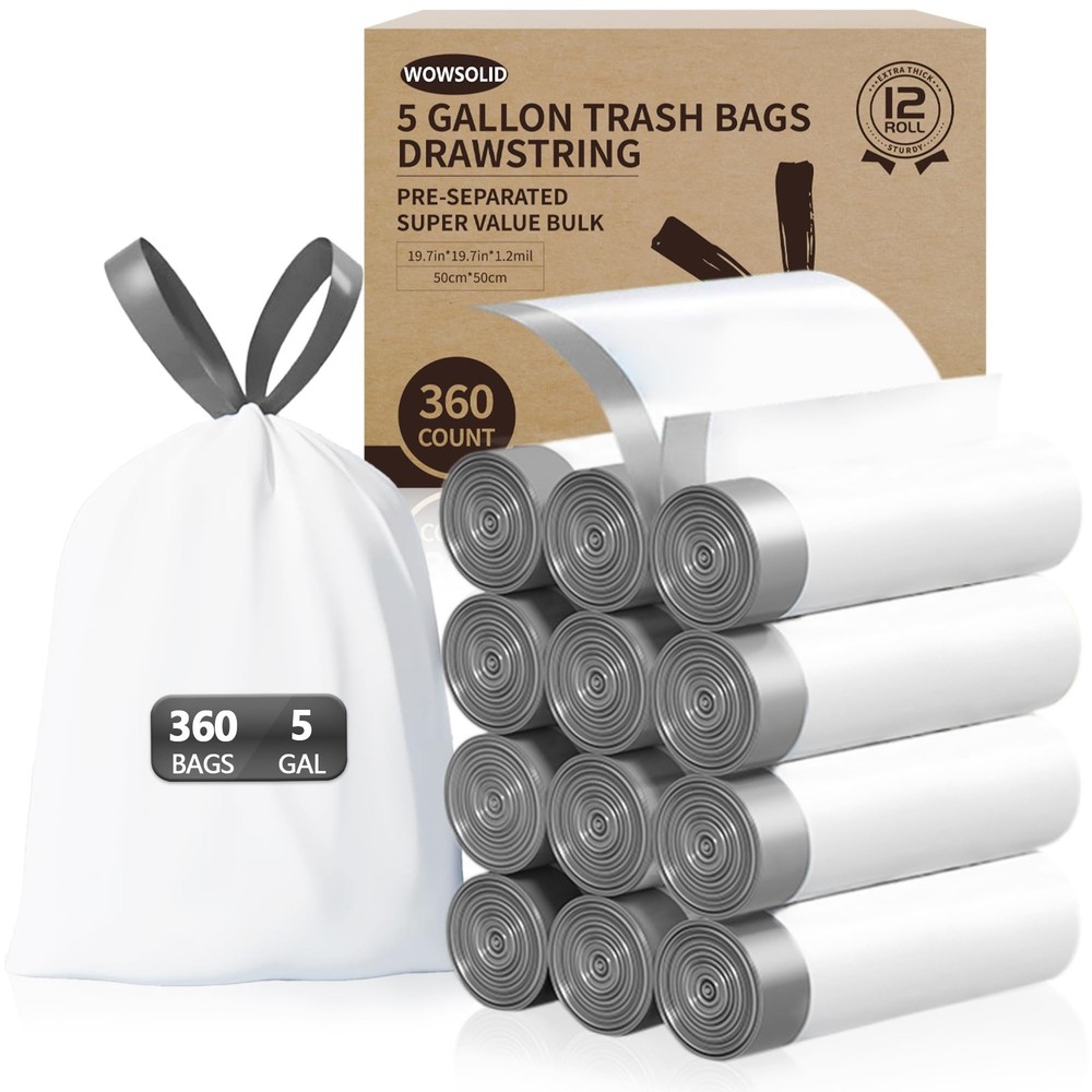5 Gallon Trash Bags Drawstring 360 Count 1.2 Mil Thick Garbage Bags By Wowsolid