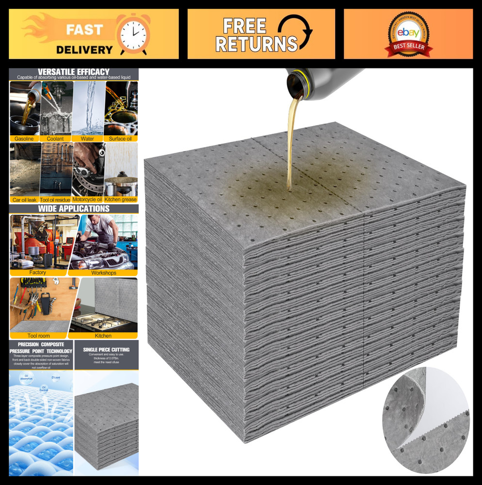 100PC Oil Absorbent Pads 13″x10″ Meltblown Mats | Hand-Tear Lines for Workshop,