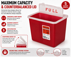 Covidien Kendall 5 Qt Sharps Container Counterbalanced Lid Biohazard Red Refill