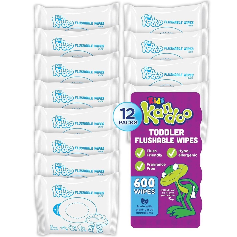 Flushable Wipes for Baby and Kids by Kandoo, 50 Count (Pack of 12), Sensitive