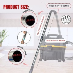 1.25 Inch Stainless Steel Vacuum Extension Wand Compatible 39 inches, Black
