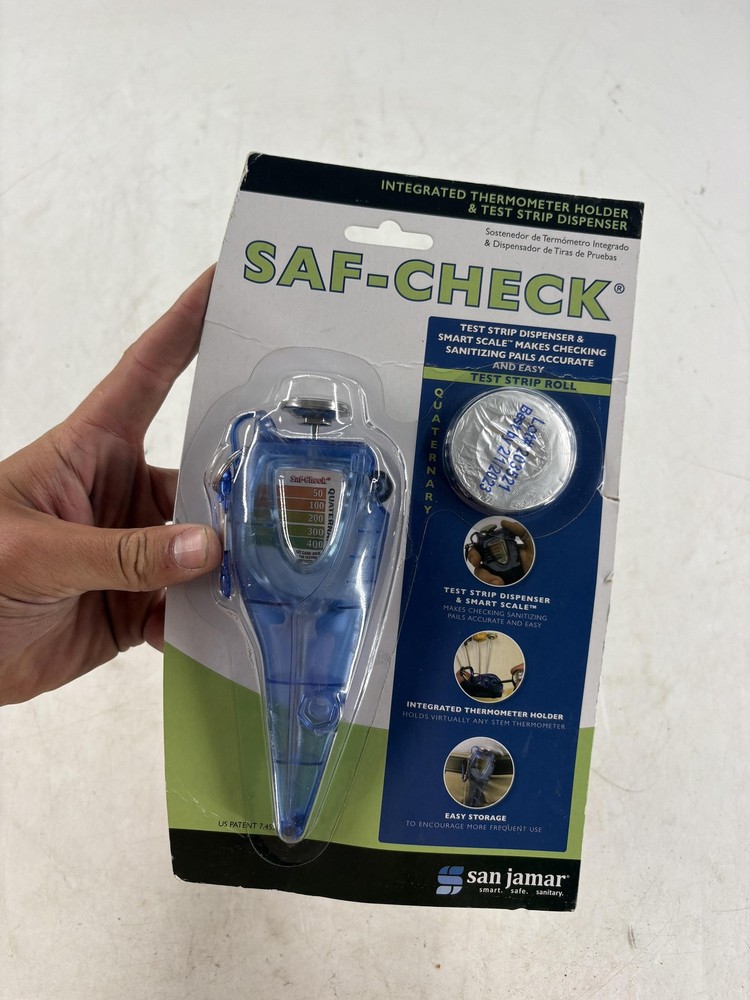 San Jamar SAF-CHECK Thermometer Holder Test Strip Sanitizer Dispenser Blue