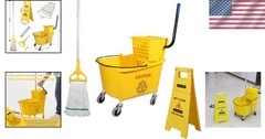 Compact 35 Quart Commercial Mop Bucket with Wringer and Wet Floor Sign – Yellow