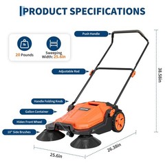 26″Width Walk-Behind Hand Push Floor Sweeper W/5 Gallon Waste Container & Handle
