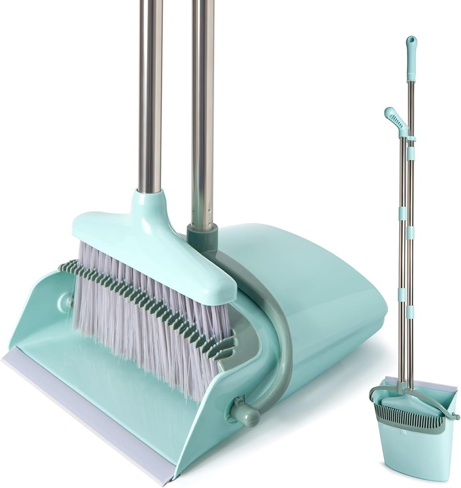 XXXFLOWER Broom and Dustpan Set 55″ Long Handle for Home Bluish Green