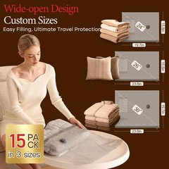 Vacbird 15 Pack Vacuum Bags for Travel 15 Combo Size, Grey and white