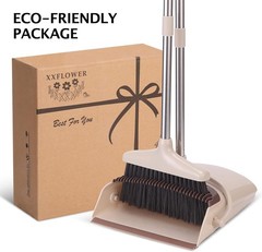 XXFLOWER Broom and Dustpan Set with Long Handle, Light Weight Medium, Beige