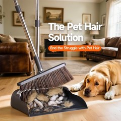 CTIME Broom and Dustpan Set, Extra Brush Head & 52″ Adjustable Black, Gray