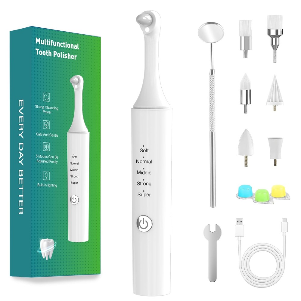 Tooth Polisher, Rechargeable Teeth Whitening Kit with 5 Speed Modes, White
