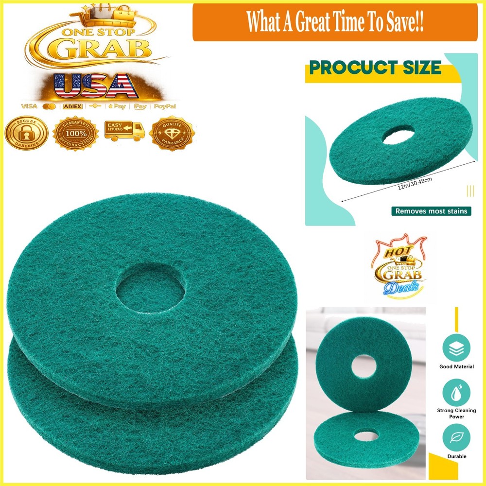 2 Pcs 12 Inch Green Non-Woven Floor Buffing Pads for Commercial Cleaning