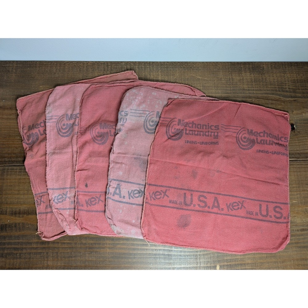 Lot of 5 Used Red Vintage Mechanic Shop Rags Kex Mechanics Laundry Made USA