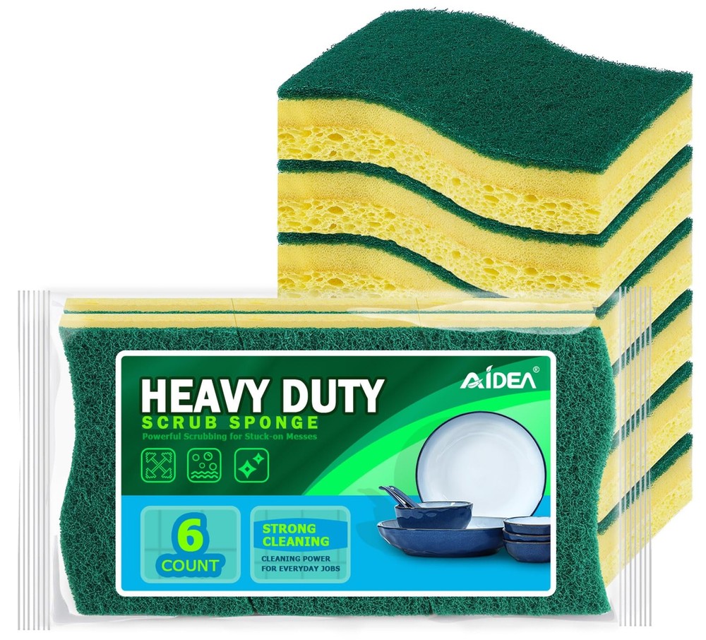 AIDEA Heavy-Duty Scrub Sponges, 6Count, Sponges for Non-Coated Light-green