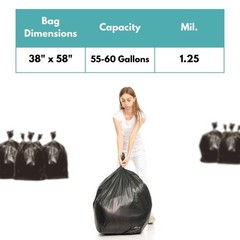 Black LLDPE Star Seal Can Liner Bag, 55-60 Gal, 1.25 Mil, 38″ x 58″, 3600 bags
