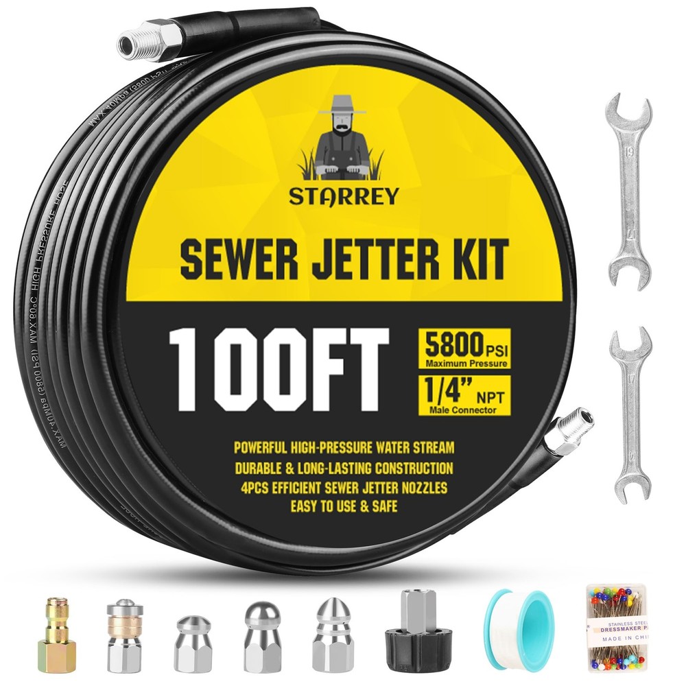 Pressure Washer Drain Jetter – Sewer Kit for 100FT X1/4in, Black