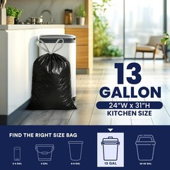 Plasticplace 13 Gallon Extra Tall Drawstring Kitchen Trash Bags Black 1.2 Mil