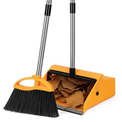 REEWII Large Broom and Dustpan Set，Long Handle Upright Dust Pan Orange