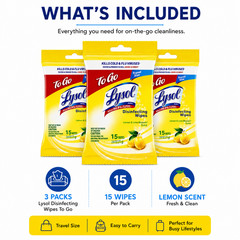Lysol Disinfecting Wipes To-Go Pack Lemon Scent Travel Size 15 Wipes 3 Pack