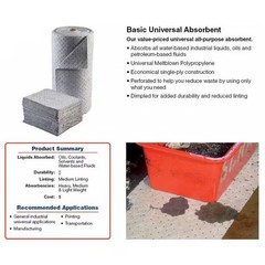 Brady Sorbent Pad, 20 gal, 15 in x 17 in, , Gray, Polypropylene BPU100 Brady