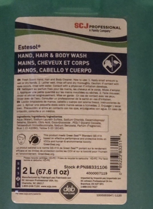 5pk SC Johnson Estesol Hand Soap Hair & Body Wash 2 Liters 67.6 fl oz PN88331106