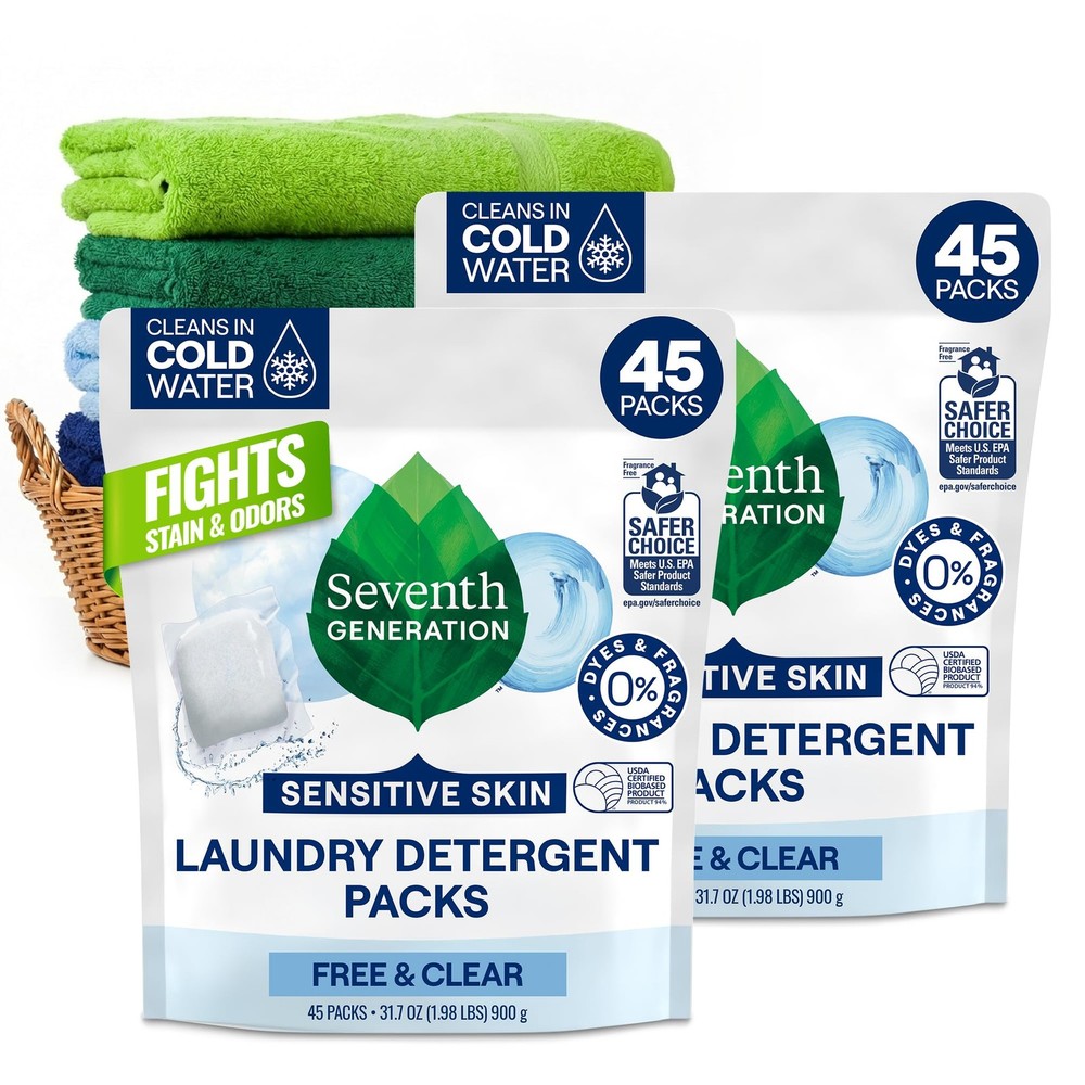 Seventh Generation Laundry Detergent Packs, Free 45 Count (Pack of 2), White