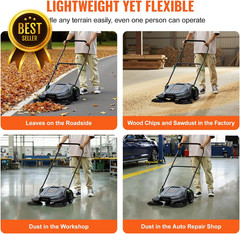 Manual Walk-Behind Floor Sweeper 25.6 Inch 5 Gallon Dust Bin Folding Handle