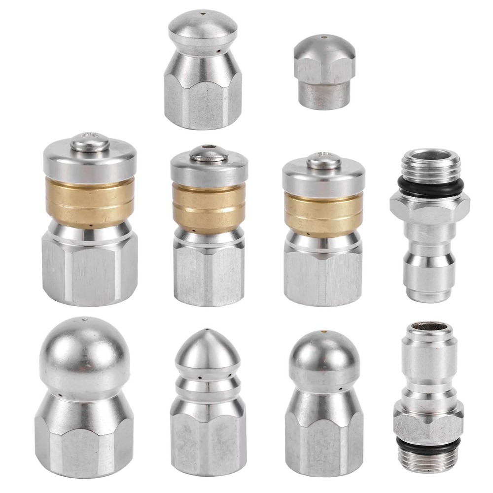 10pcs Sewer Jetter Nozzle Kit – Stainless Steel, 1/4″ & 3/8″ NPT M, Silver