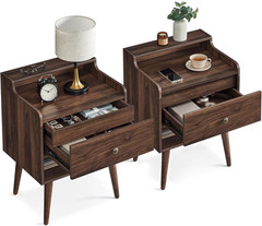 VASAGLE Nightstands, Set of 2, Bedside Tables with Hidden Drawers, Mid-Century E