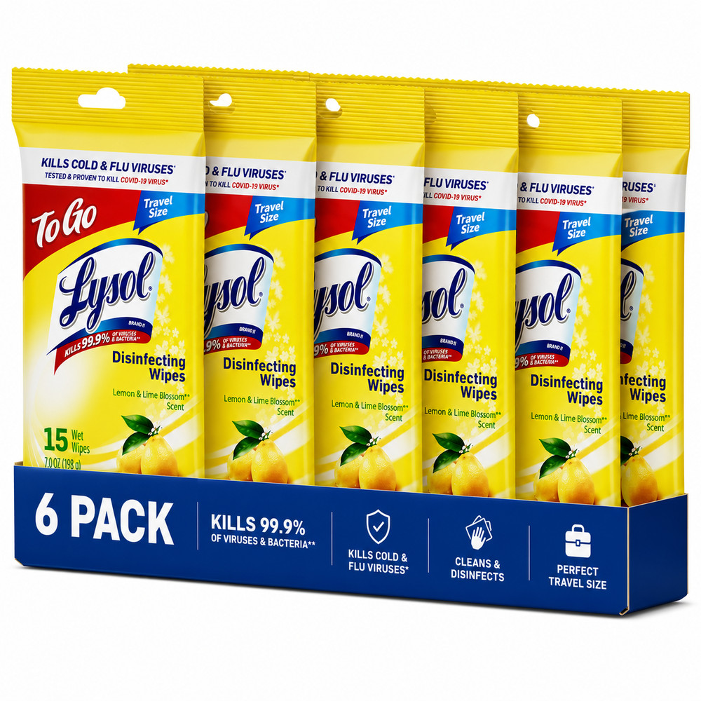 Free Shipping Lysol To Go Disinfecting Wipes Lemon Lime Scent, 15 Ct. Pack of 6