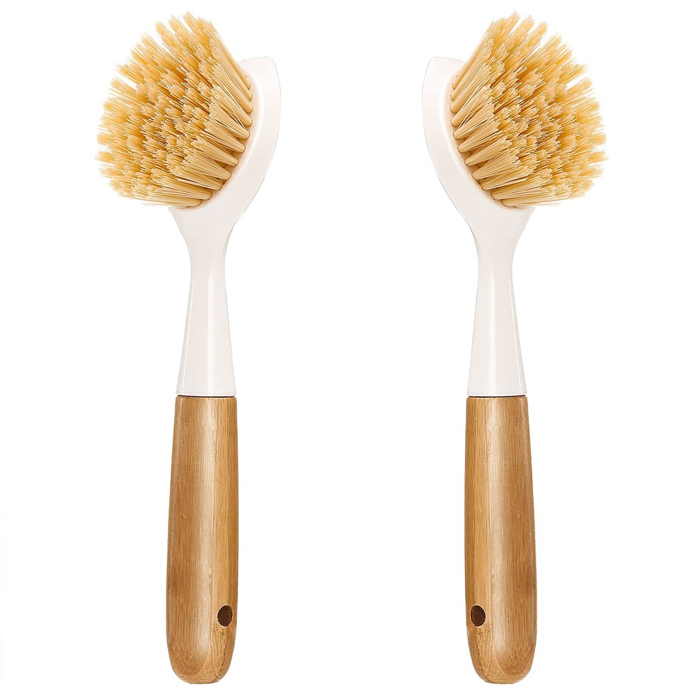 2 Pack Kitchen Dish Brush Bamboo Handle Scrubber Medium, Multicolor