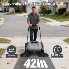 42″ Hand Push Floor Sweeper Walk-Behind Cleaner 15 Gallon Waste Container Gray