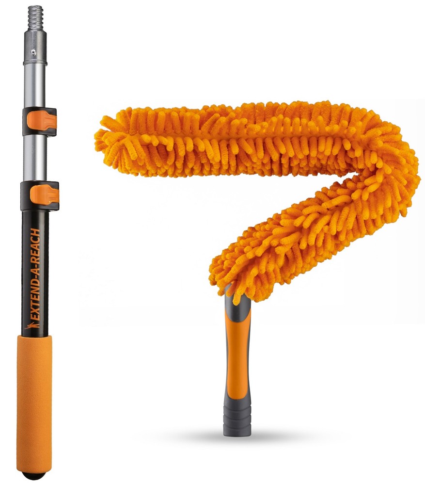 Long Handle Duster for Cleaning // Extendable 3 feet, Black and Orange