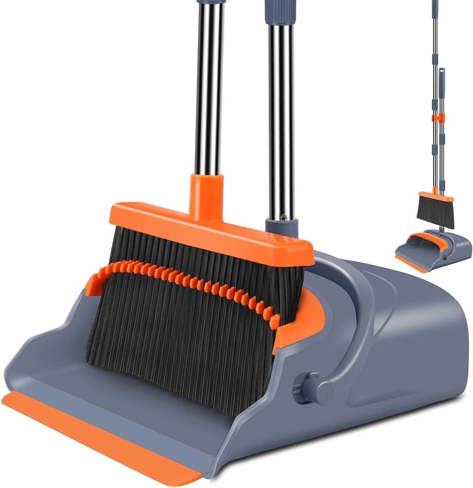kelamayi Upgrade Broom and Dustpan Set, Self-Cleaning with Gray&orange
