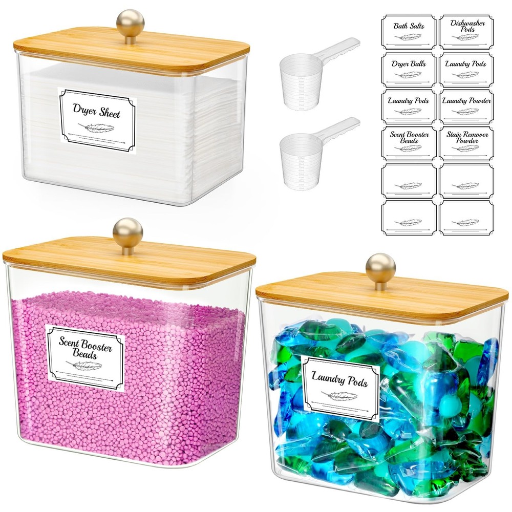 Lifewit Laundry Pods Container with Lid, Dryer Sheet 0.53+0.7gal, Natural