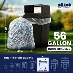 Plasticplace 56 Gallon Clear Trash Bags, 1.5 MIl, 43” x 46”, 100 Count