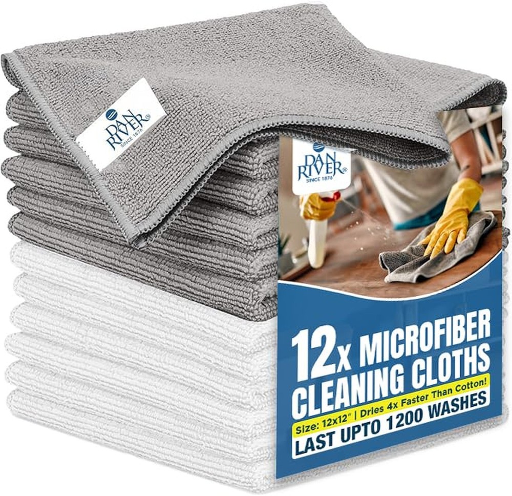 DAN RIVER 12-Pack Microfiber Towels – Ultra Absorbent, Lint-Free & Streak-
