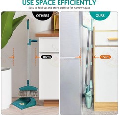 XXXFLOWER Broom and Dustpan Set 55″ Long Handle for Home Bluish Green