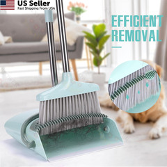 XXXFLOWER Broom and Dustpan Set with Cleaning Teeth, 55″ Long Bluish Green