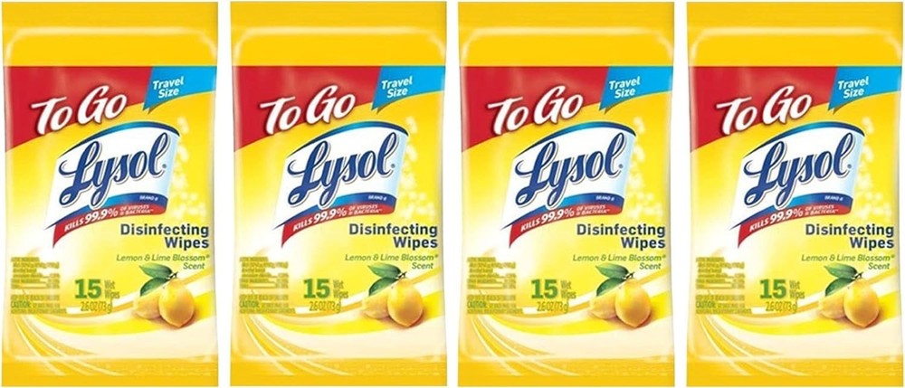 Lysol Disinfecting Wipes To-Go Pack Lemon Scent Travel Size Cleaning 4 Pack