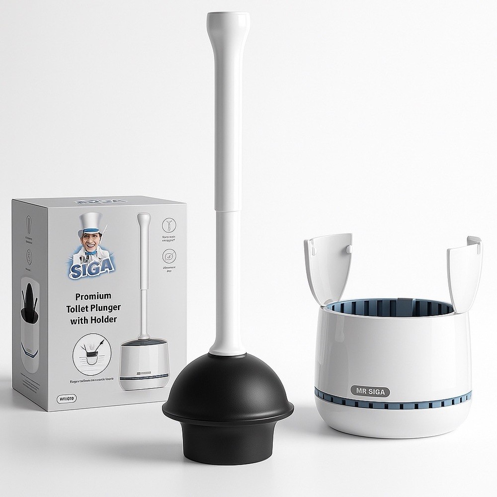MR.SIGA Premium Toilet Plunger with Holder | Hygienic Auto-Open Lid | White