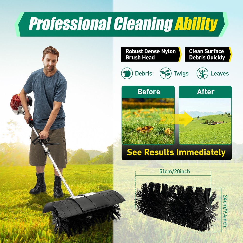52CC Gas Powered Sweeper Broom Driveway Turf Artificial Grass Snow Clean
