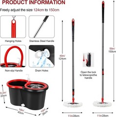 360° Spinning Mop Bucket System with 3 Microfiber Mop Replacement Heads